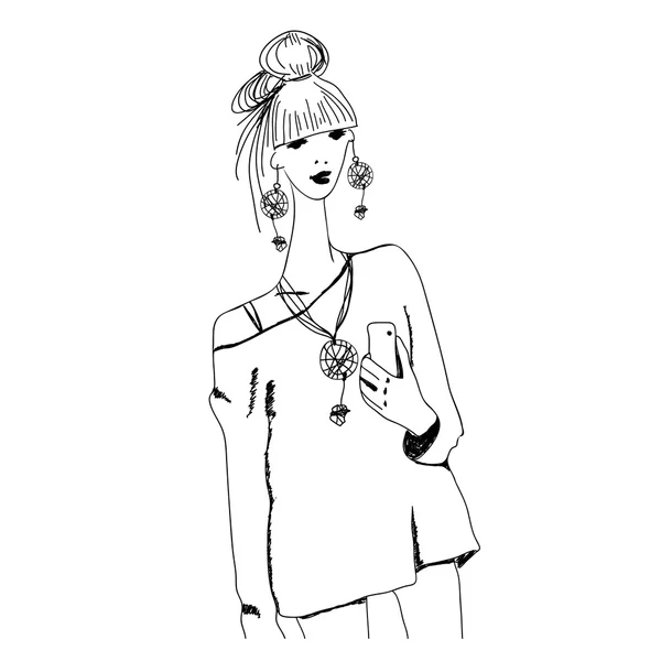 Schizzo di giovane donna di moda in stile boho con telefono facendo selfie. Per la stampa di t-shirt, cuscini, custodie telefoniche, manifesti, borse, coppe o taccuini — Vettoriale Stock