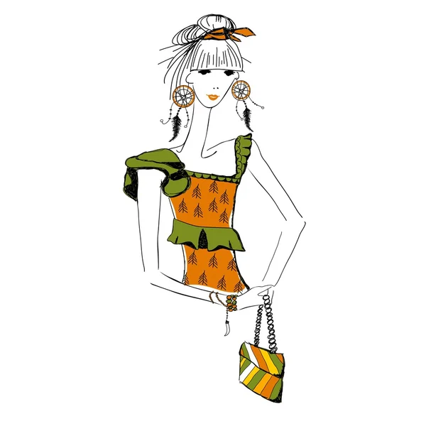 Junge Modefrau im Boho-Stil für T-Shirts, Handyhüllen, Poster, Taschen, Tassen oder Notizblöcke — Stockvektor