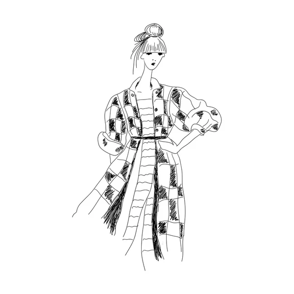 Skizze einer jungen Modefrau im Boho-Stil für T-Shirts, Handyhüllen, Poster, Taschen, Tassen oder Notizblöcke — Stockvektor