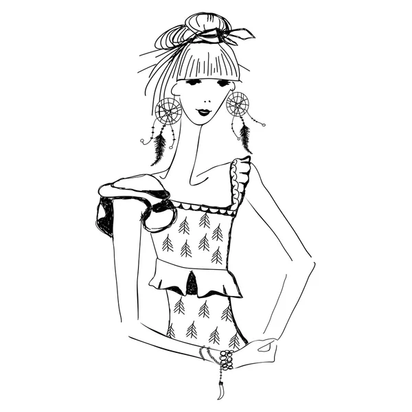 Ескіз молодої моди жінки в стилі бохо для футболок друк, телефонний чохол, плакати, сумка друк, чашка друку або обкладинка блокнота — стоковий вектор