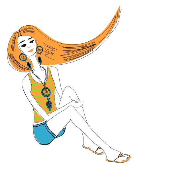 Young red-haired girl in boho style. For t-shirts print, phone case, posters, bag print, cup print or notepad cover — 스톡 벡터