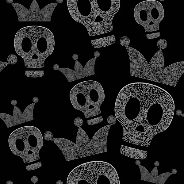 Calaveras con coronas sobre fondo negro - patrón psicodélico sin costuras — Archivo Imágenes Vectoriales