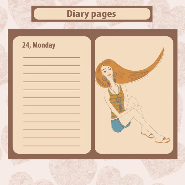 Diary or note pages with illustration of young fashion woman in boho style . — Stock Vector