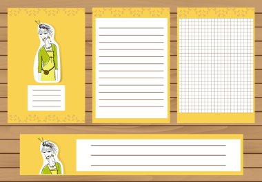 Günlük kaydı kartları, notlar, Etiketler, etiket, Etiketler kız genç moda gösterimi ile. Scrapbooking, sarma, dizüstü bilgisayarlar, notebook, günlüğü, ağaç baskı için şablon.