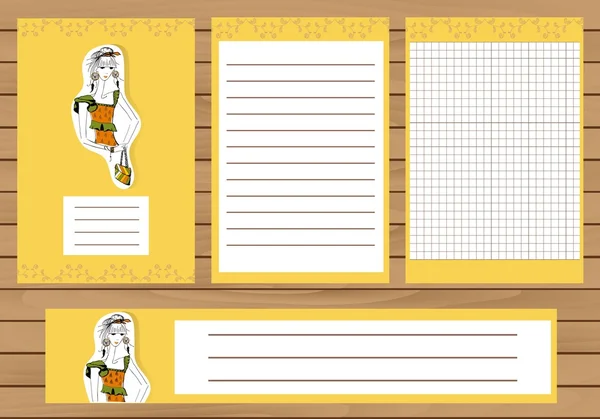 Journaling cards, notities, stickers, labels, tags met illustratie van jonge mode meisje. Sjabloon voor scrapbooking, zeewieren, laptops, notebook, dagboek, stickers. — Stockvector
