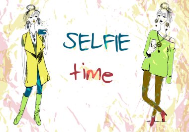Telefon selfie yapıyor ile boho tarzında iki genç moda kadın ayarlayın. T-shirt baskı, yastık baskı, telefon kılıfı, posterler, çanta baskı, fincan baskı veya not defteri kapağı için