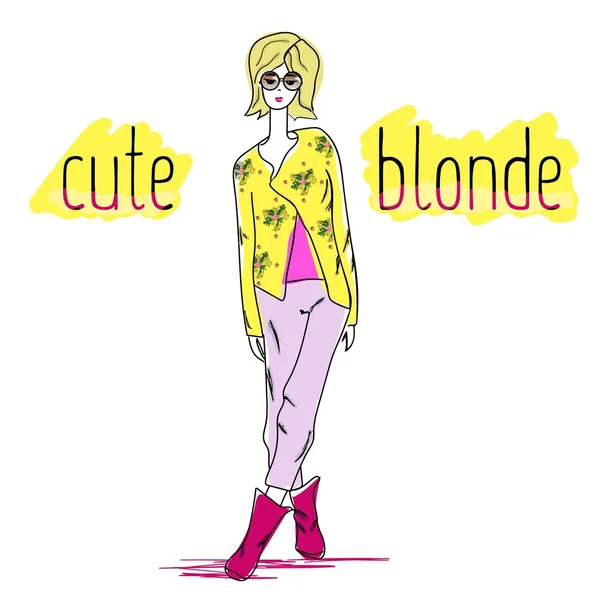 Junge, modebewusste blonde Frau mit Sonnenbrille im Boho-Stil für T-Shirts, Handyhüllen, Poster, Taschen, Tassen oder Notizblöcke. Boho Mädchen. — Stockvektor