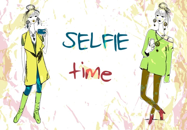 Telefon selfie yapıyor ile boho tarzında iki genç moda kadın ayarlayın. T-shirt baskı, yastık baskı, telefon kılıfı, posterler, çanta baskı, fincan baskı veya not defteri kapağı için Vektör Grafikler