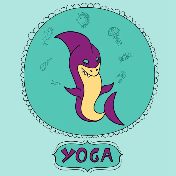 Gran tiburón de dibujos animados púrpura haciendo meditación con animales marinos. Postura de yoga de tiburón. Para libro de niños, estudio de yoga, clase de yoga, cafetería o restaurante con comida de mar, menú de mariscos. Tarjeta con pose de yoga de tiburón en — Vector de stock