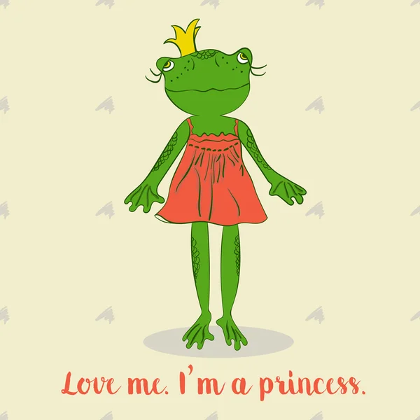 Kreskówka żaba princess w czerwonej sukience, childer książki, sklep z zabawkami lub t-shirt drukowania. — Wektor stockowy