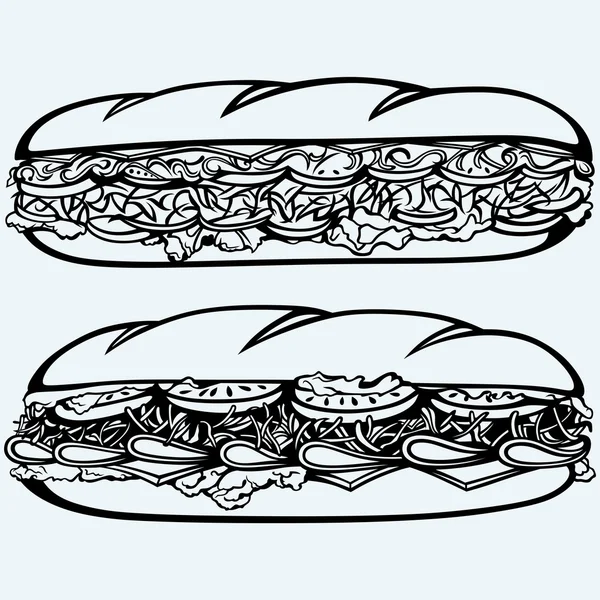 Sub Sandwich dengan sosis, keju, selada dan tomat - Stok Vektor