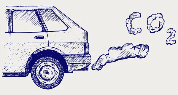 Primer plano de las emisiones de humos de un coche en el atasco de tráfico — Vector de stock