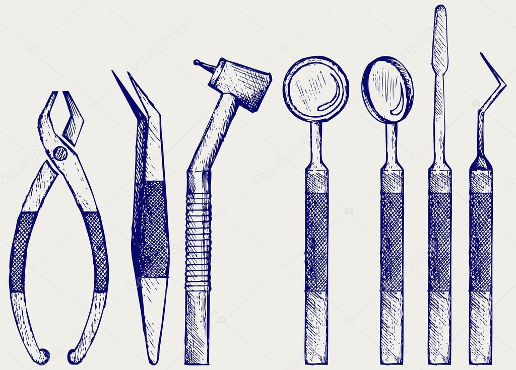 Set of medical equipment tools for teeth dental care