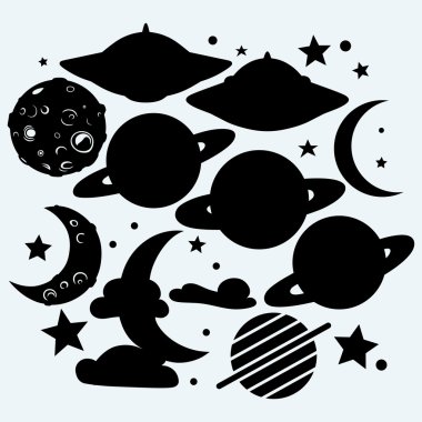 Outer space: the moon with craters, the star, the planet Saturn and UFOs clipart