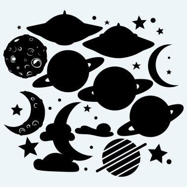 Dış mekan: ayın kraterler, yıldız, gezegen Satürn ve UFO ile