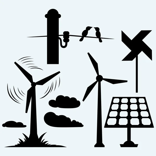 Solar panel and windmill, wires on a pole — Stock Vector