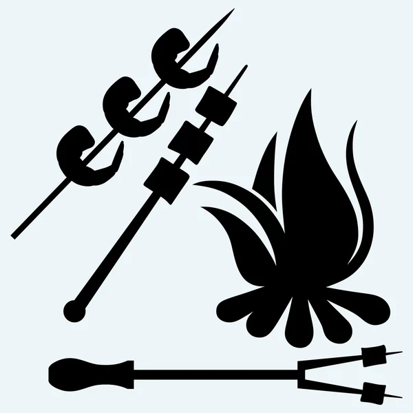 Marshmallow di atas api kamp untuk memanggang dan udang di tusuk sate Grafik Vektor