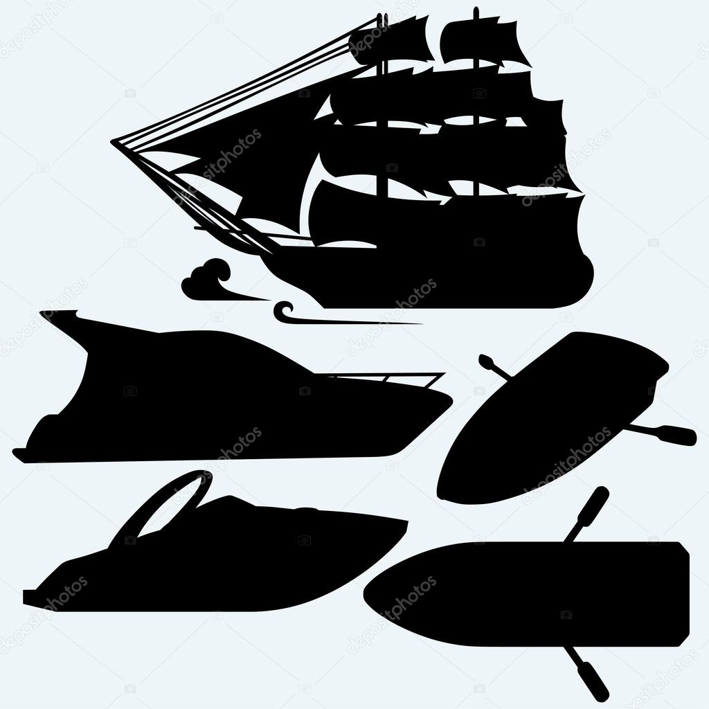 Wooden boat with paddles, sailing ship and luxury yacht