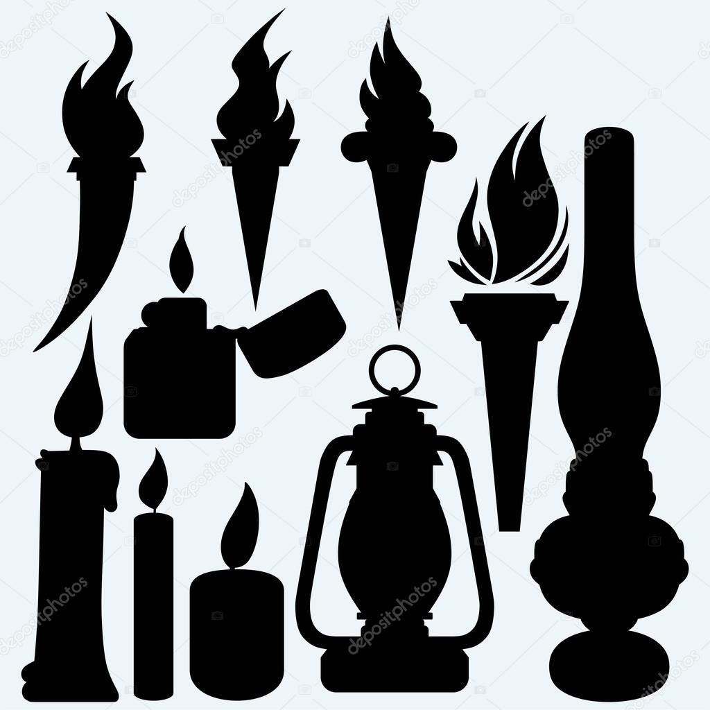 Hot stuff: candle, flaming torches, kerosene lamp and metal zippo lighter