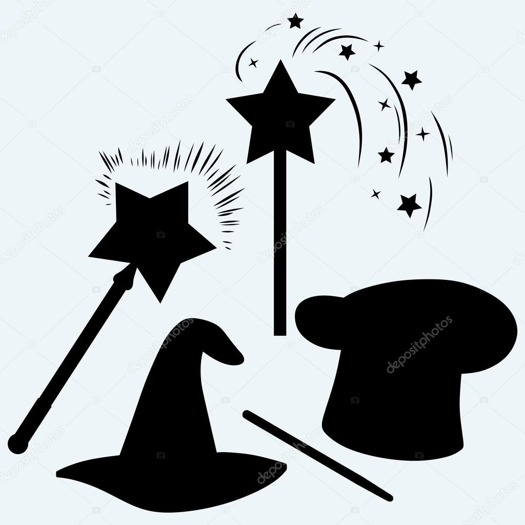 Set magic hat with magic wand sparkles