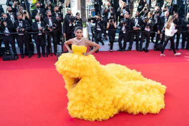 CANNES, FRANCE - JULY 06, 2021: Indian-born and Dubai-based fashion and beauty influencer Farhana Bodi arrives for the opening ceremony and the screening of the film 