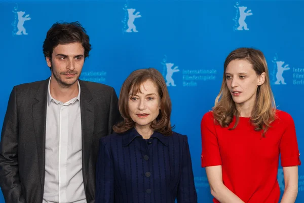 Aktor Roman Kolinka, dyrektor Mia Hansen-miłość i aktorka Isabelle Huppert — Zdjęcie stockowe