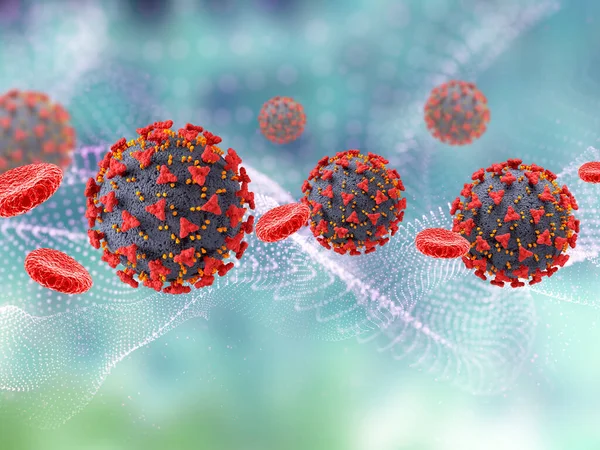 Darstellung Eines Medizinischen Hintergrunds Mit Covid Viruszellen Und Blutzellen — Stockfoto