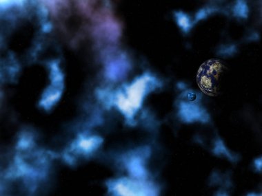 Soyut gezegenler ve nebula ile üç boyutlu bir arkaplan oluşturma