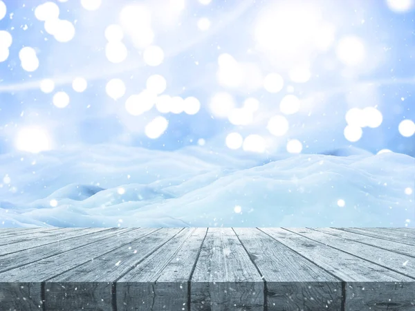 Weergave Van Een Kerstsneeuwlandschap Met Houten Tafel — Stockfoto