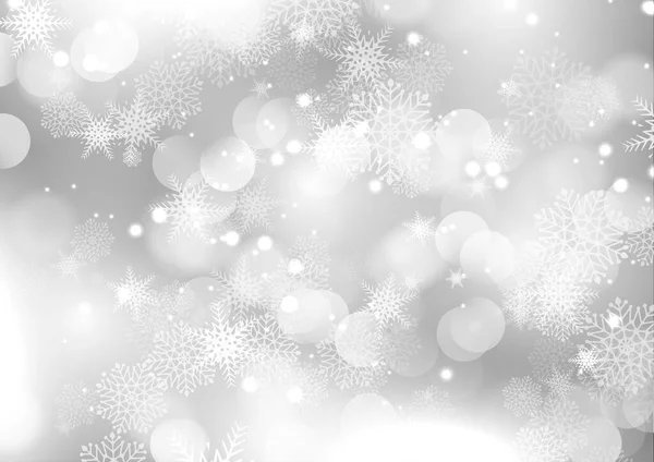 Fondo Navidad Plata Con Copos Nieve Luces Bokeh — Vector de stock