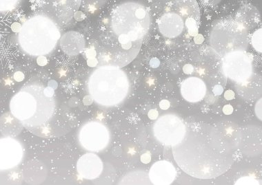 Gümüş renkli Bokeh ışıkları ve kar taneleri tasarımlı Noel arkaplanı