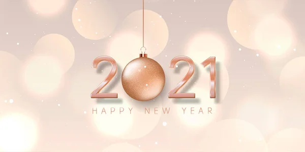 Banner Feliz Ano Novo Com Bugiganga Ouro Rosa Números Design — Vetor de Stock