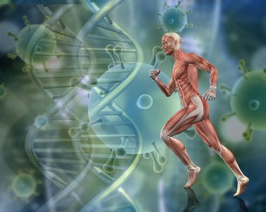 DNA iplikleri ve virüs hücreleri olan bir adamın tıbbi geçmişinin 3 boyutlu canlandırması