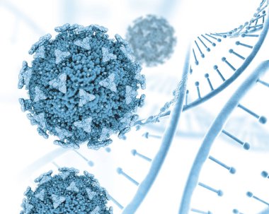 DNA iplikçikleri ve Covid 19 hücreli 3 boyutlu tıbbi arkaplan oluşturma