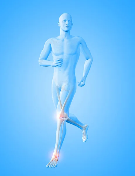 3D render of a male medical figure running with knee and ankle bones highlighted