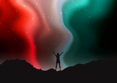 Geceleri dağ manzarası Kuzey ışıkları gökyüzü