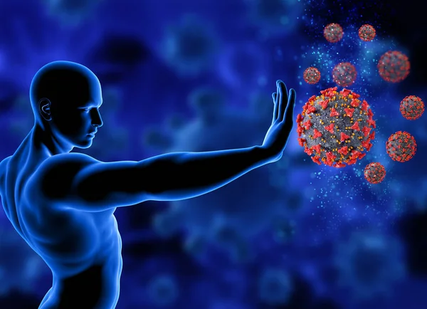 Renderização Uma Figura Masculina Azul Segurando Mão Parando Células Vírus — Fotografia de Stock