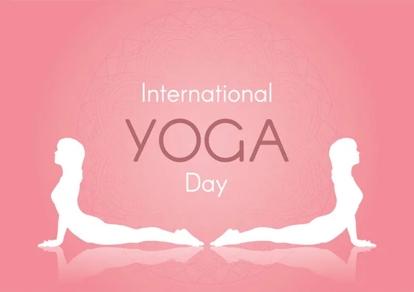 Fondo Del Día Internacional Del Yoga Con Siluetas Femeninas Pose — Archivo Imágenes Vectoriales