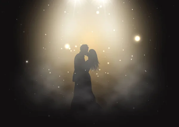 Silhouet Van Een Bruid Bruidegom Dansen Onder Spotlights Rokerige Sfeer — Stockvector