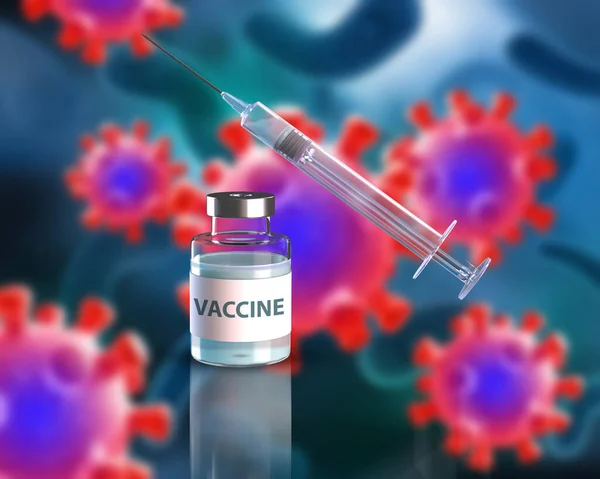 抽象的なCovid 19ウイルス細胞とワクチンを用いた医学的背景の3Dレンダリング — ストック写真