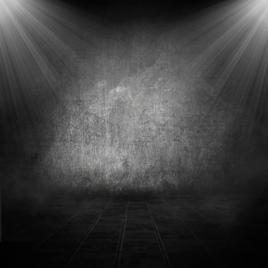 Grunge tarzı iç mekan. Spot ışıkları parlıyor.