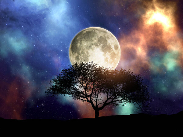 3D render of a silhouette of a tree against a space sky with moon