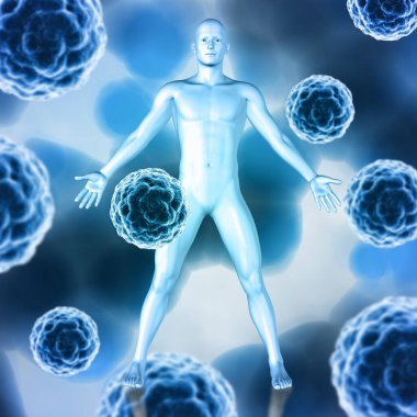 Soyut virüs hücreleri ve erkek figürüne sahip bir tıbbi geçmişin 3 boyutlu canlandırması