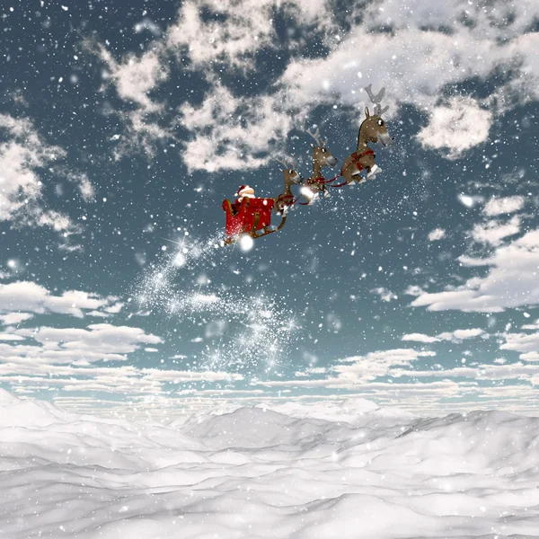 Paysage enneigé avec Père Noël et ses rennes — Photo