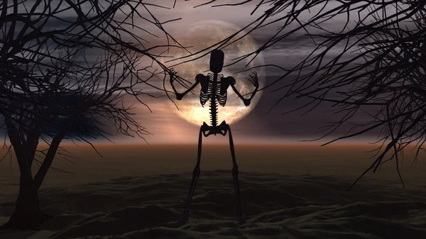 Halloween background with spooky trees and skeleton — Stock Photo, Image