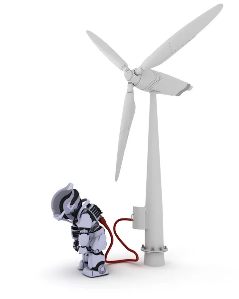 Robot recharging by wind turbine — Stock Photo, Image