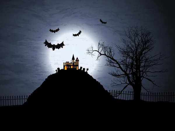 Halloween background with spooky house and bats — Stock Photo, Image