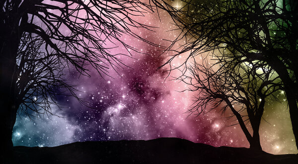 Tree landscape against a starfield sky with nebular and stars