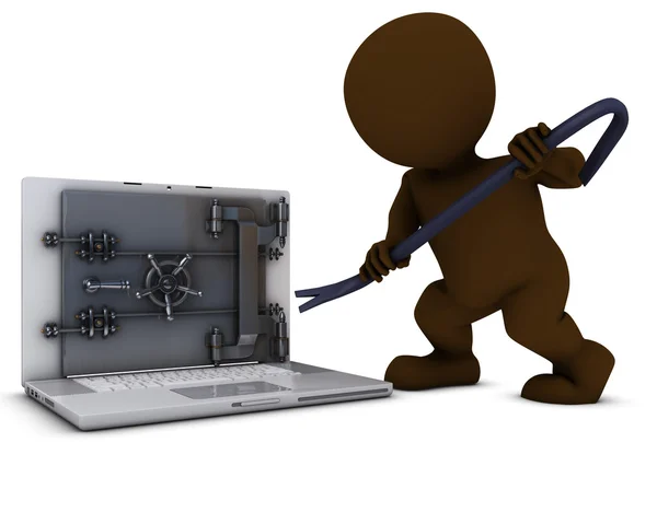 3D morph Man breken in een laptop — Stockfoto