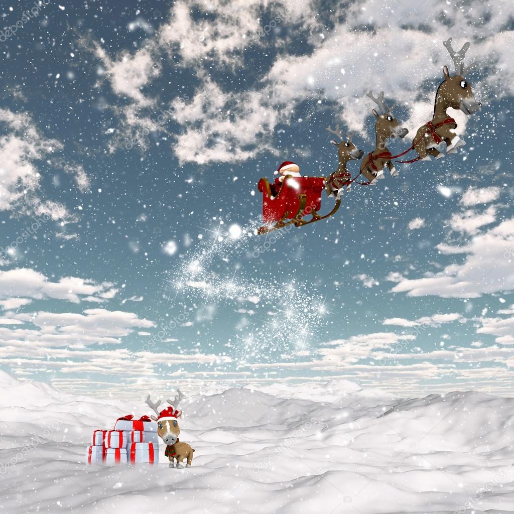 Snowy landscape with santa and his reindeers